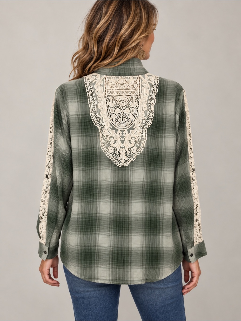🌿✨ Kate & Sam Plaid Lace Detail Button-Up Top • Size L ✨🌿